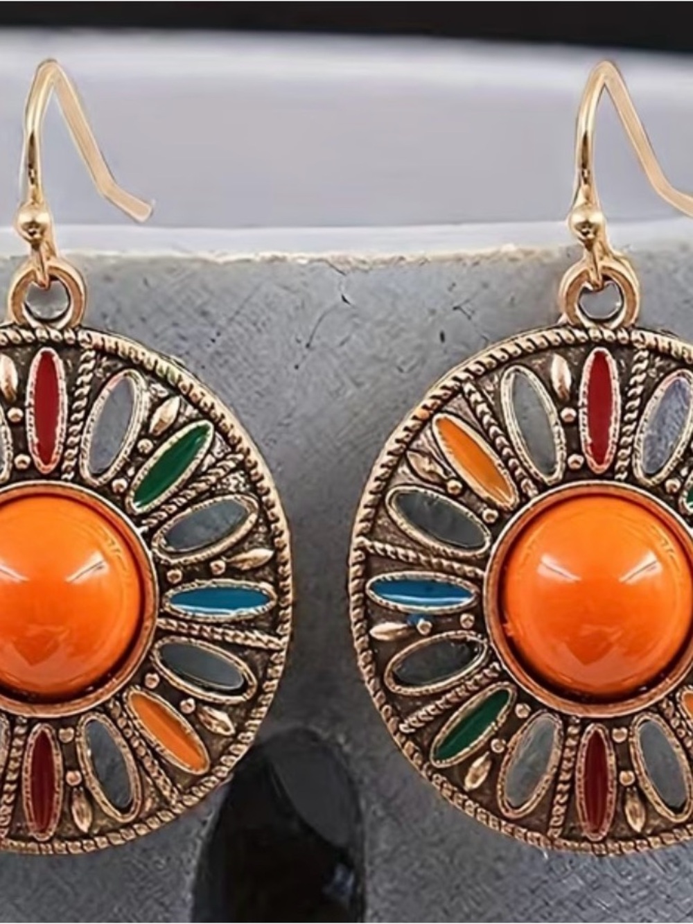 Colorful Orange Stone Mandala Drop Earrings - Women Jewelry